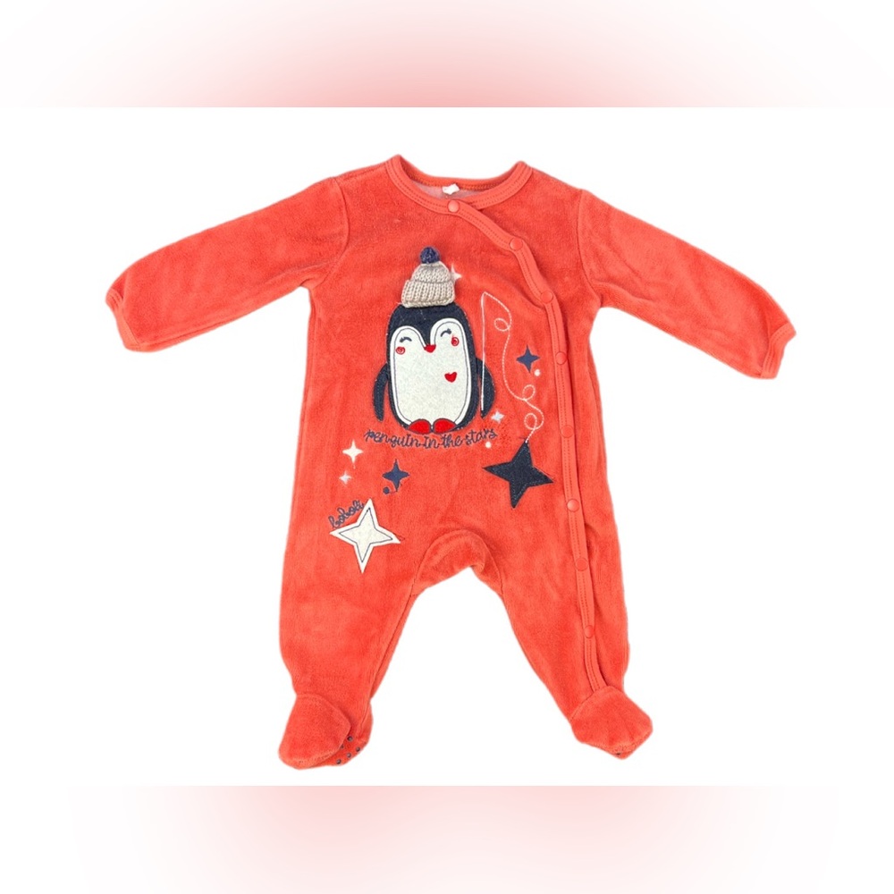 BOBOLI Penguin In The Stars Velour Snap Footie- 0-3M